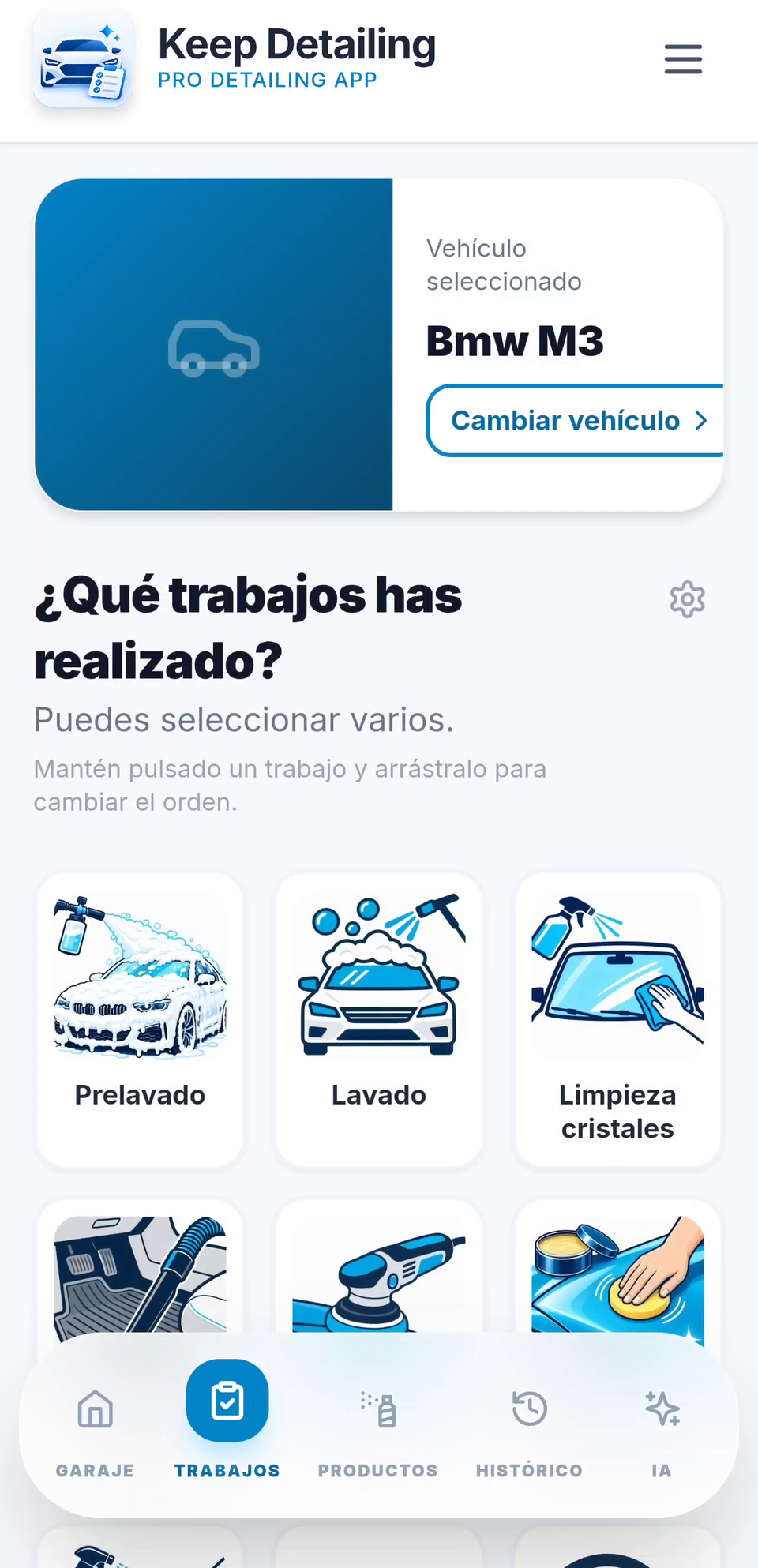 Captura real de Keep Detailing: registra tus trabajos